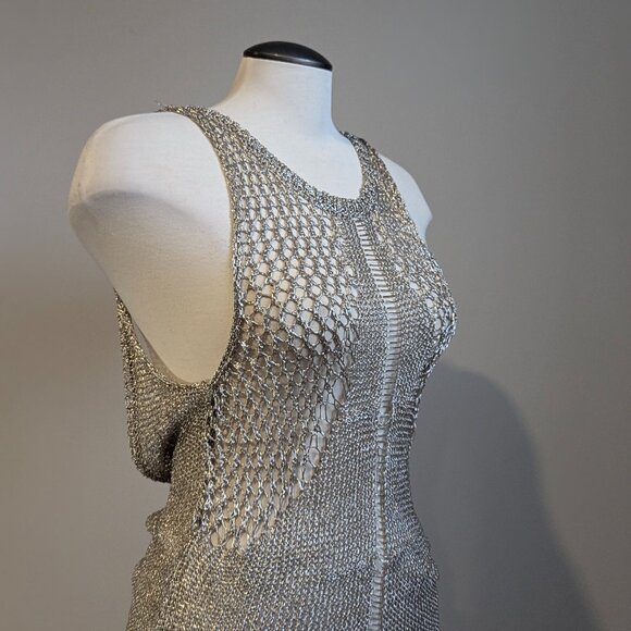 Silver Metallic Mesh Backless Mini Dress S/M Party NYE - Picture 2 of 15